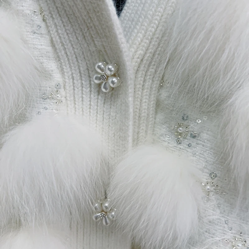 Autumn Winter Women Coat Knitted Wool Cardigan Sweater With Real Natural Fox Fur Stripe Luxury Female Long Sleeves Lady Jackets