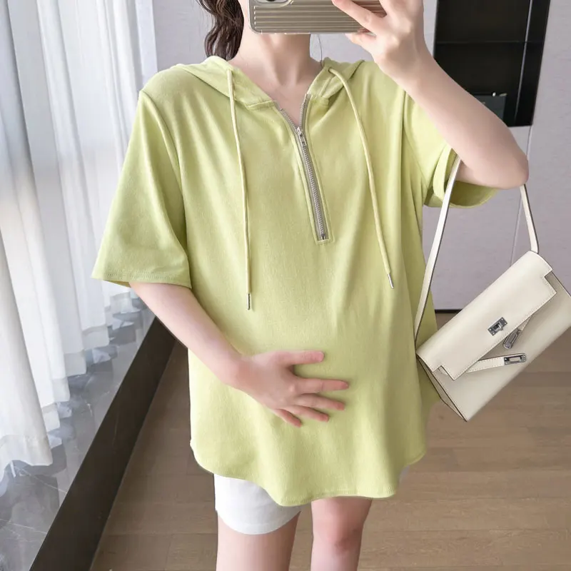 

Korean Style Loose Casual Pregnant Women Sport Clothes Set Summer Half Zipper Fly Hooded Cotton T-shirt+Belly Shorts Hoodies Set