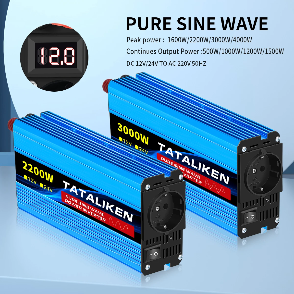 1600W/2200W/3000W/4000W Pure Sine Wave Inverter DC 12V/24V to AC 110V 60hz Power Inverter Charger Converter Adapter EU Socket
