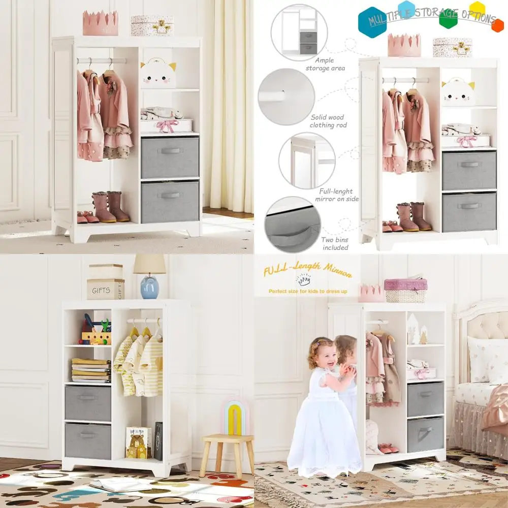 kids dress up storage with full length mirror, kids armoire with 2 storage bins, opening hanging costume closet wardrobe, prete
