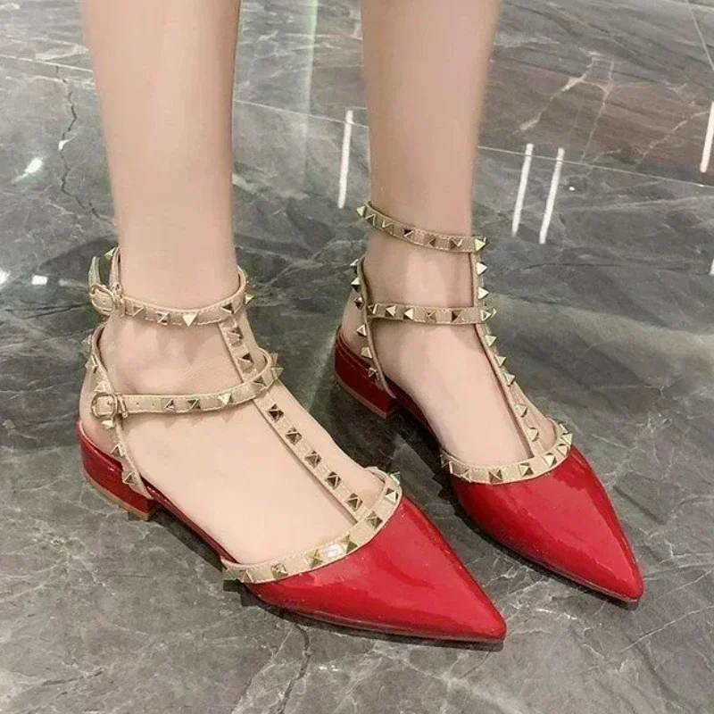 Shoes for Women 2024 Fashion Slingbacks Buckle Female Sandals Spring Pointed Toe Rivet Shallow Sexy Dress Party Low Heels Shoes