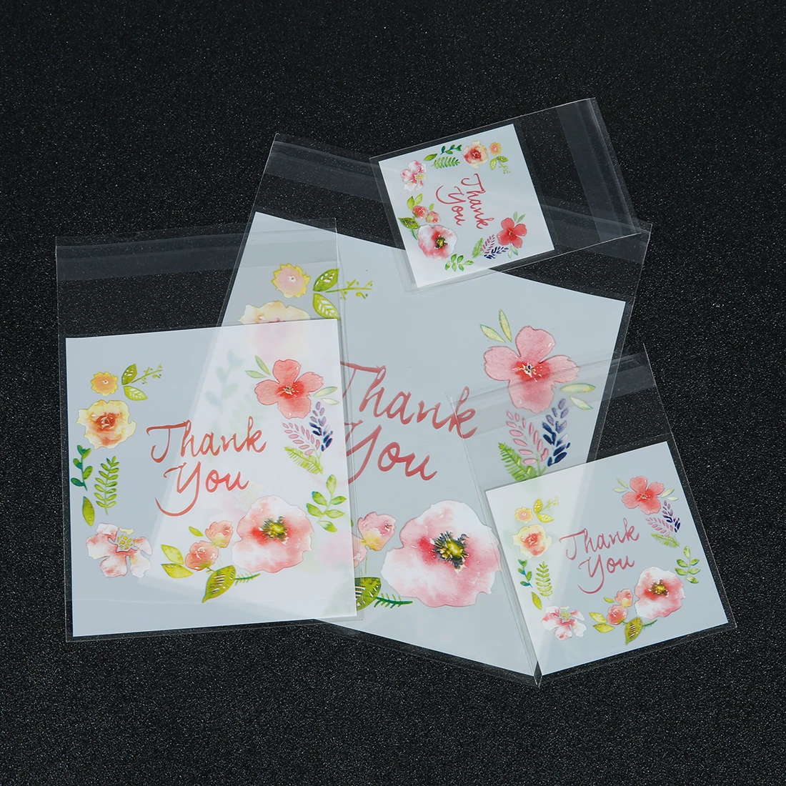 100pcs Transparent Ziplock Bag Multi Sizes Thank You Flower Print Plastic Bags Jewelry Retail Food Storage DIY Packaging Pouches