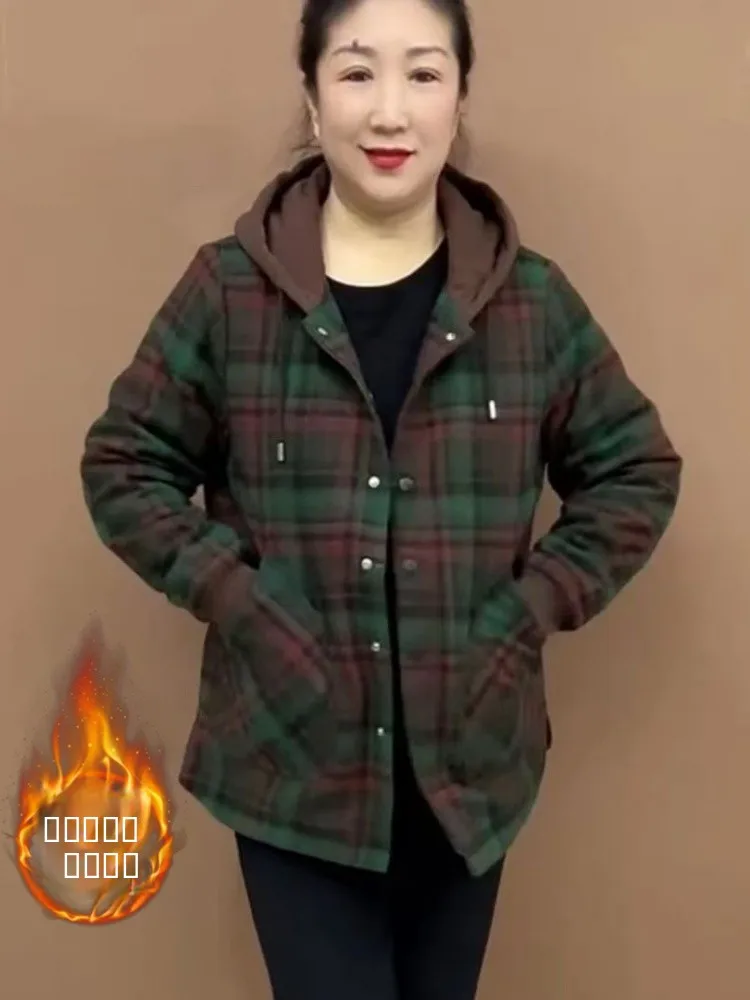 

Утепленная хлопковая куртка в клетку с капюшоном для женщин, зимняя теплая верхняя одежда свободного кроя на пуговицах, полиэстер