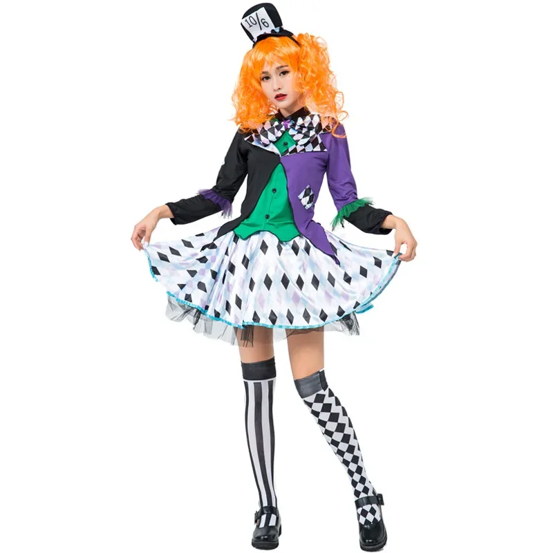 

Carnival Party Clown Fancy Dress Women Alice In Wonderland Cosplay Costume Halloween Clown Magician Masquerade Colorful Dresses