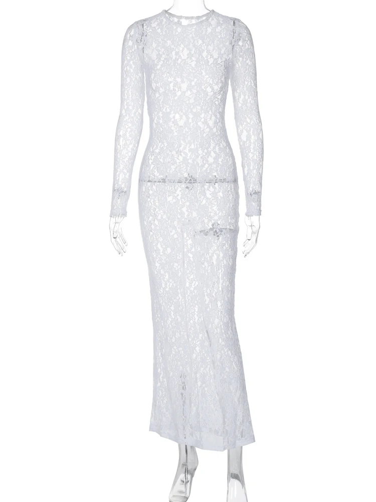 Hugcitar Floral Print Long Sleeve Sexy Bodycon Sheer See Through Maxi Dress 2023 Fall Women Fashion Streetwear Party Outfit Y2K