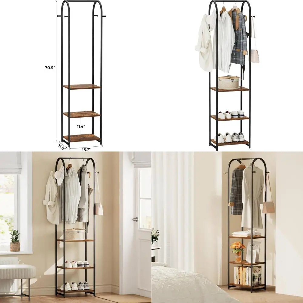

71 Tall Garment Rack with 3 Shelves & 4 Hooks, Rustic Brown and Black, Ideal for Bedroom, Hallway, Entryway, Office, Living Room