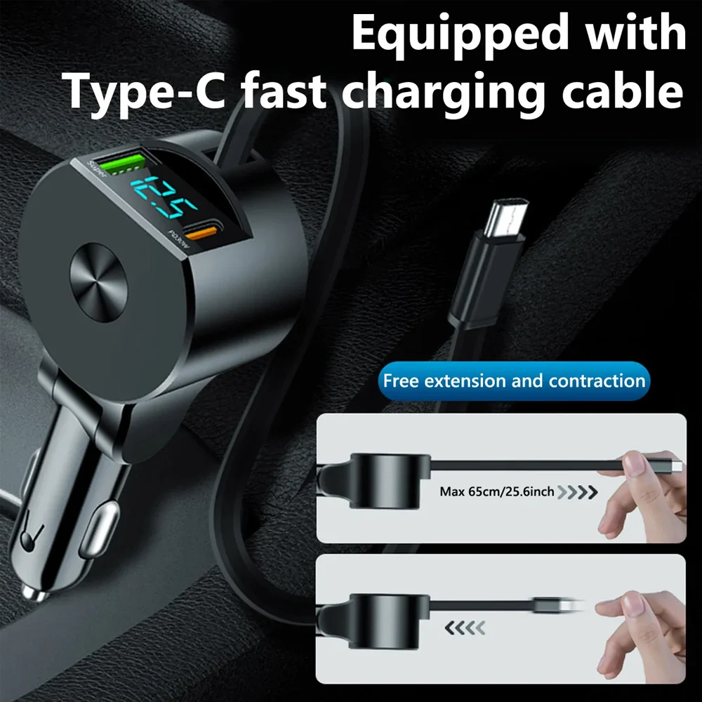 شاحن سيارة سوبر سريع قابل للسحب شاحن هاتف السيارة Usb Qc3.0 نوع C Pd شحن سريع كابلات قابلة للسحب كشف الجهد