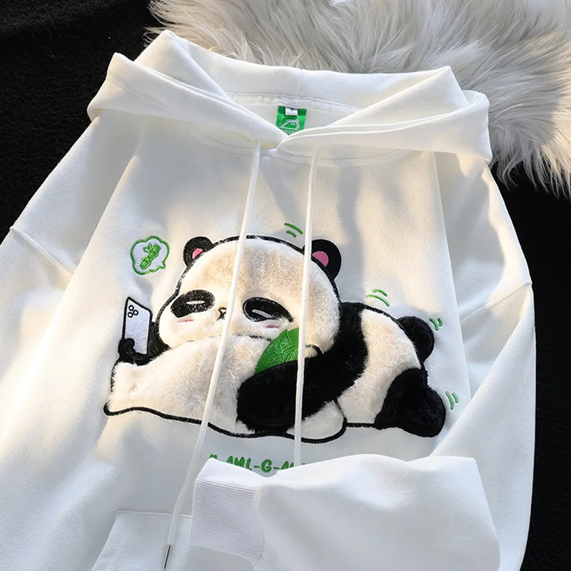 Cute and interesting cartoon stereo plush embroidered panda hooded sweater women's autumn and winter lazy wind casual coat