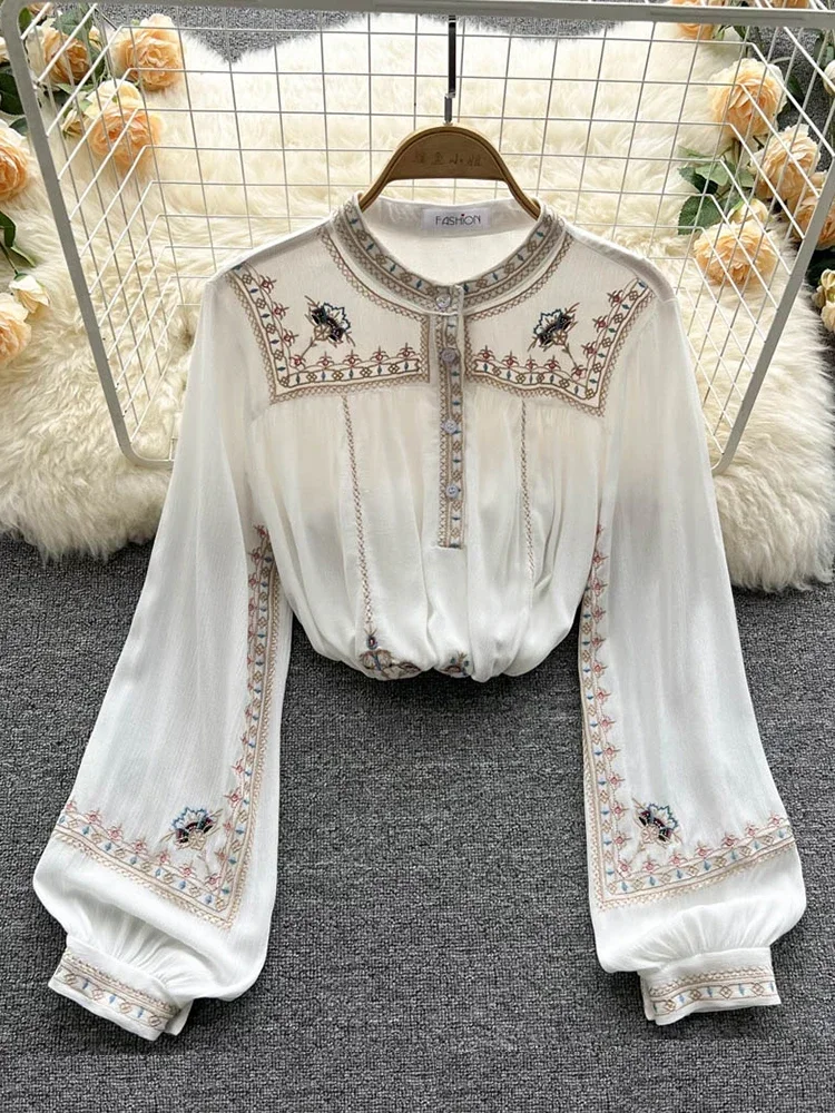 Fashion Versatile Embroidery Shirt Women\'s Spring Autumn New Stand Collar Bohemian Loose Blouse Womens Tops  G03