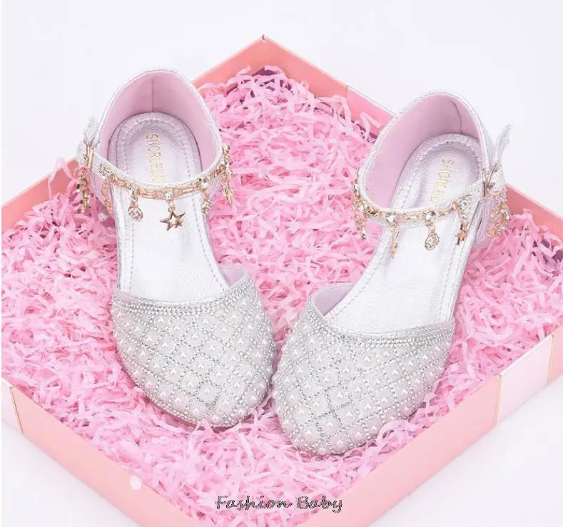 Princess Girls High Heels New Children With Pink Dance Single Girl Crystal Sandals Bowknot Rhinestone Beaded Leather Shoes