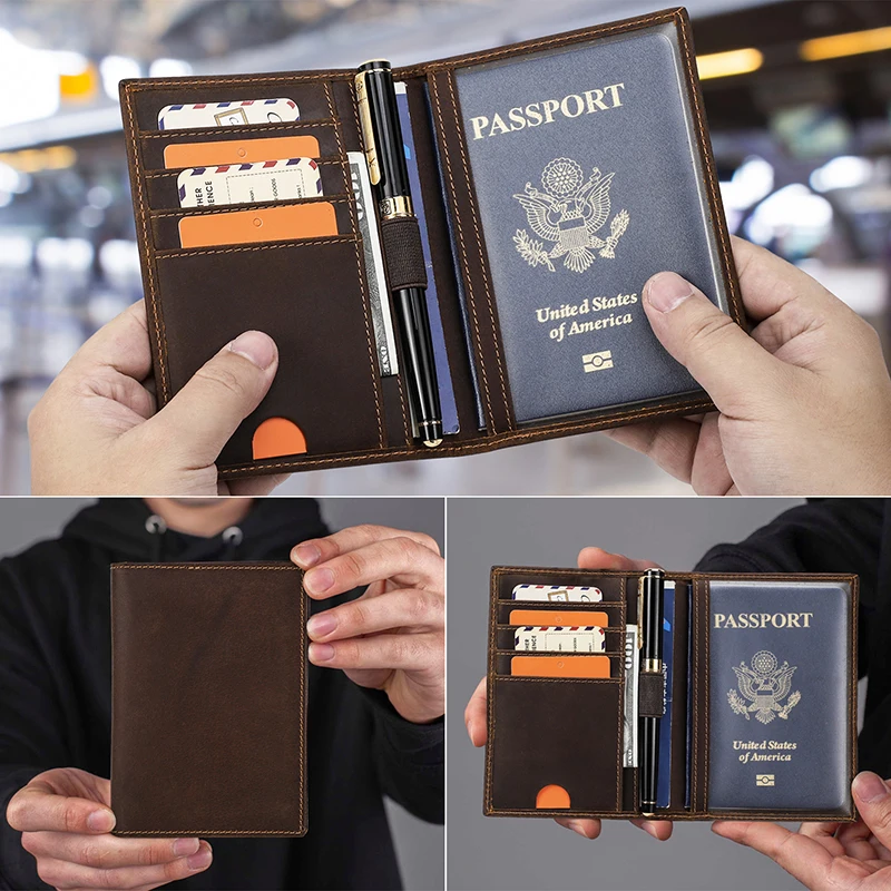 CONTACT'S Echtem Leder Geldbörsen Reisepass für Männer Dünne Passport Abdeckung Mit Stift Slot Männer Reise Brieftasche Karte Halter männer brieftaschen