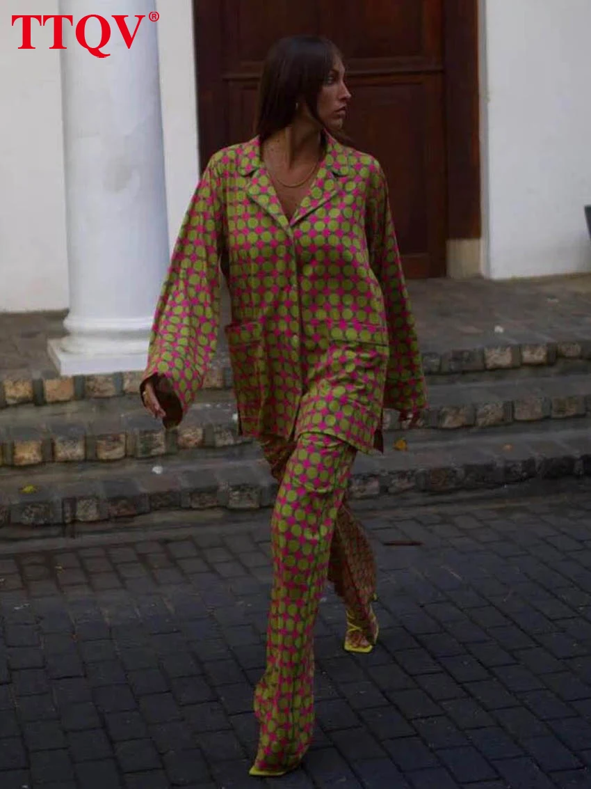 TTQV Fashion Loose Print Trousers Set 2 Piece Woman Elegant Long Sleeve Shirt With High Waist Wide Pants Set Female Streetwear