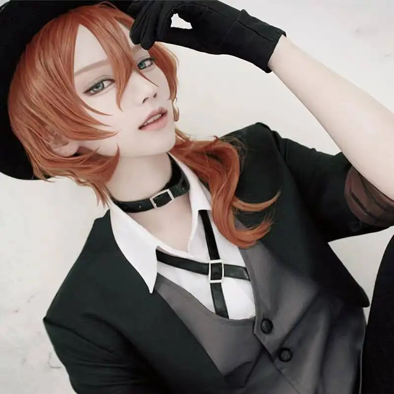 High Quality Anime Bungo Stray Dogs Chuya Nakahara Chuuya Cosplay Wig Heat Resistant Synthetic Hair Wigs + Wig  Headwear