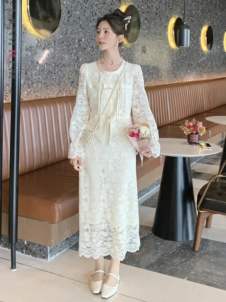 

LANMREM Hollow Lace Jacquard Set Women Long Flare Sleeves Shirt With High Waist Skirt Elegant Clothing 2024 Spring 2DA4151