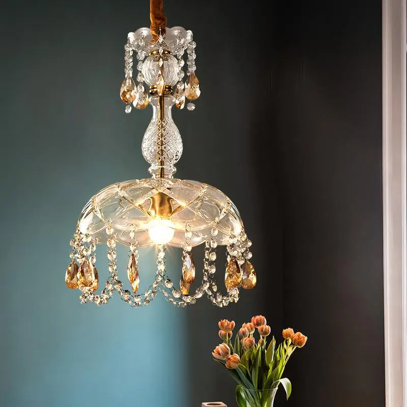 

Retro Crystal Glass Chandelier Corridor Balcony Passageway Dining Room Bedroom LED Transparent Amber Pendant Lamp Indoor Decor
