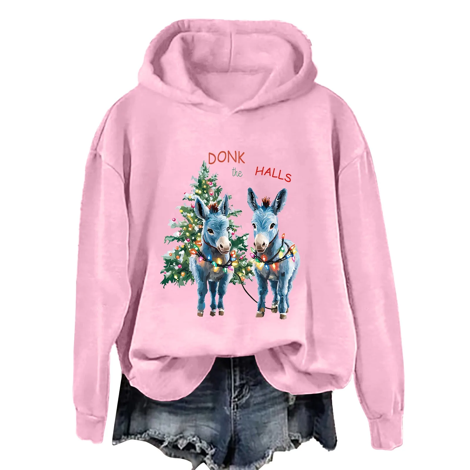 New Trend Christmas Donkeys Hoodies Women Funny Christmas Tree With Light Belt Pullovers Female Long Sleeve Hooded Tops Clothing