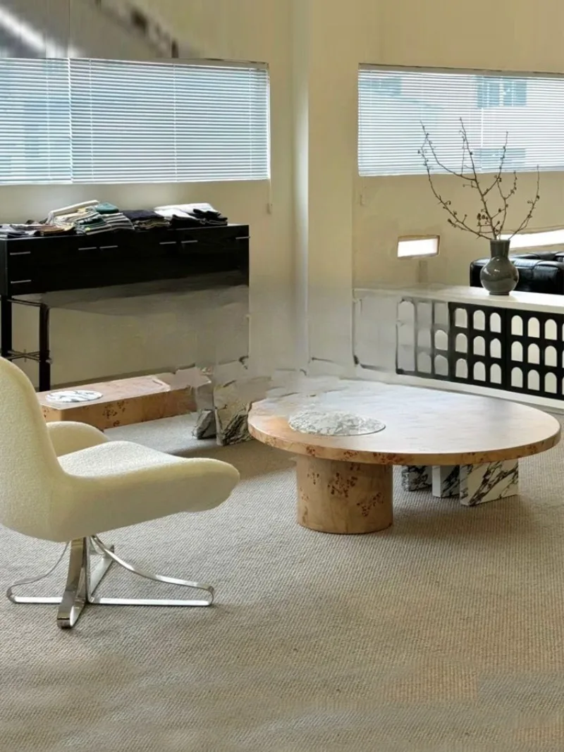 Medieval solid wood Bulgari coffee table light luxury marble round coffee table combination modern parquet tea table household