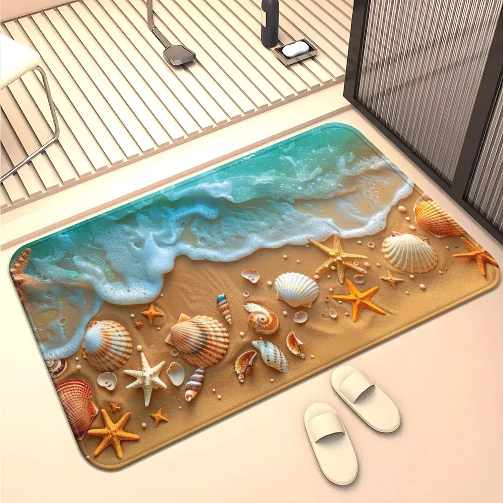 Beach Wave Seashell Starfish Door Mat Ocean Print Non‑Slip Bath Rug  Doormat for Bathroom Shower Room Home Floor Decor
