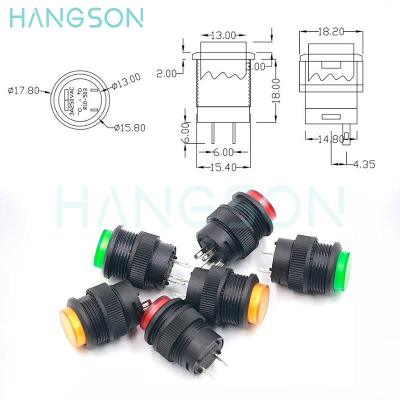 10PCS R16-503 Round Button Switch Momentary R16-503BD R16-503AD 3A 250V 16MM Self Locking Round Push Button Switch