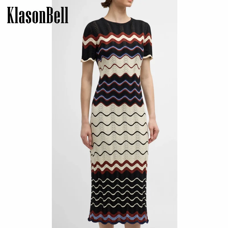 

7.2 KlasonBell Women's Chic Contrast Color Wave Striped Hollow Out Jacquard Knit Dress Short Sleeve High Waist Slim Maxi Dress