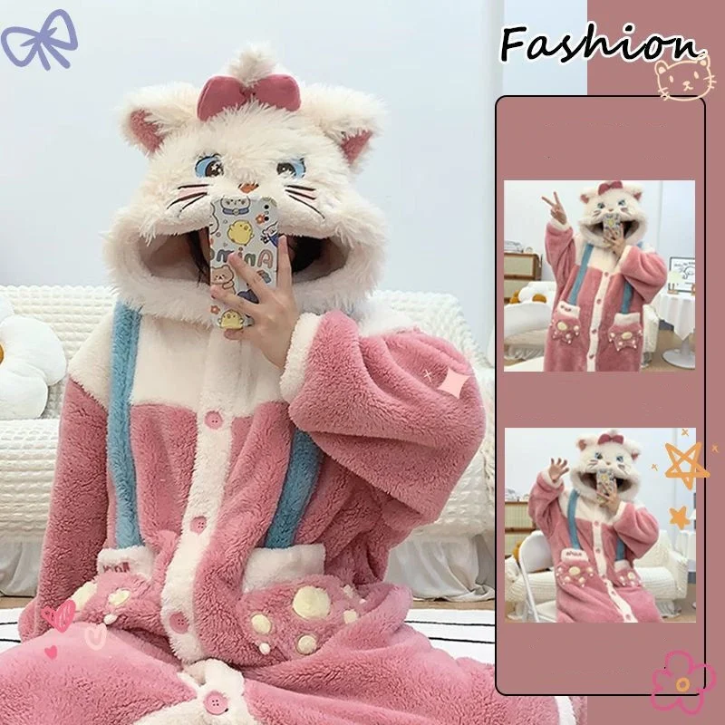 Women Flannel Robe Animal Cosplay Pajamas Mary Cat Nightgown Cartoon Hooded Sleepwear Homewear Masquerade Nightwear with Pants