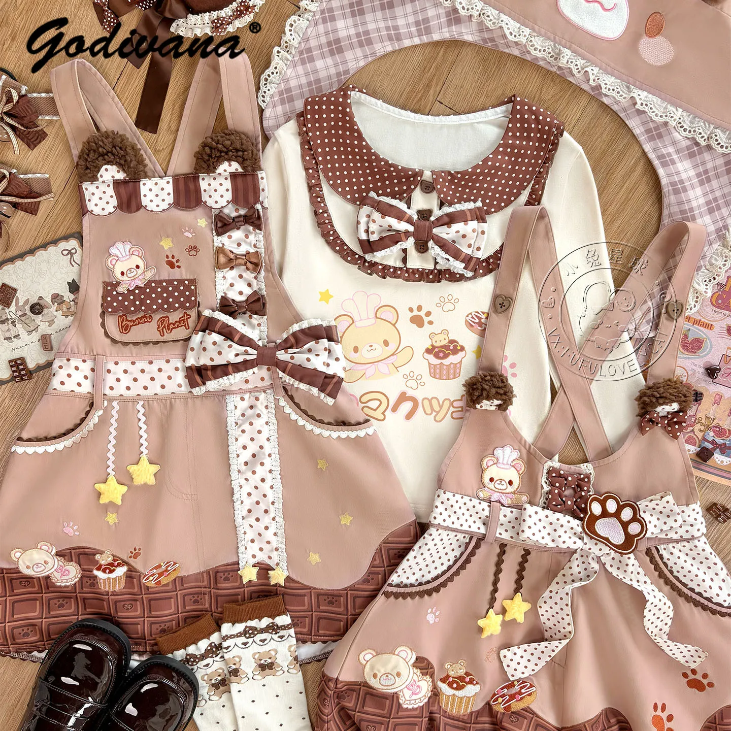 الأصلي ابنة فتاة دمية طوق كم طويل تي شيرت لطيف الكرتون الحمالة فستان الدب التطريز Kawaii الأشرطة برعم مجموعة تي شيرتات قصيرة للأطفال