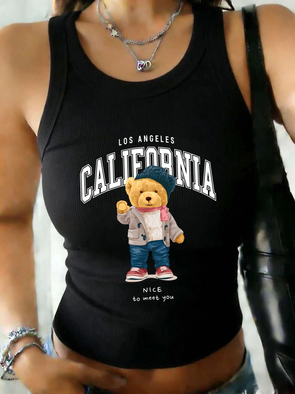 

Летние женские майки с принтом милых медвежат, повседневные эластичные хлопковые майки с круглым вырезом, базовые облегающие мягкие топы