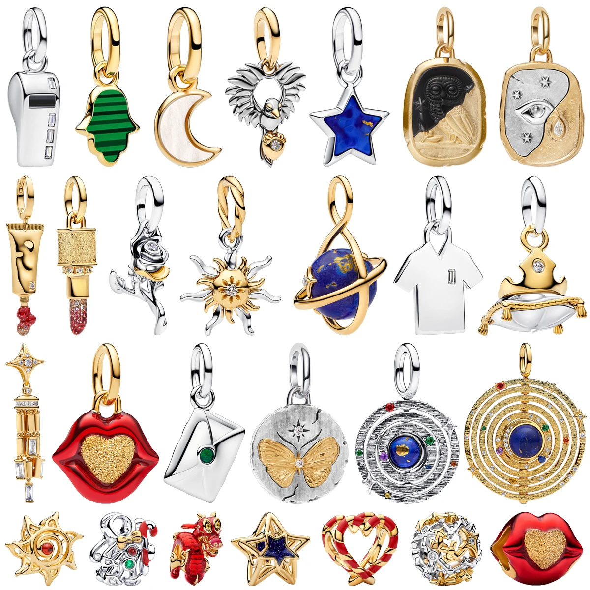 Hot Sales 925 Sterling Silver Quirky Butterfly Star Sun Lipstick Santa Claus Heart Disc Beads Pendant Necklace Bracelet Jewelry