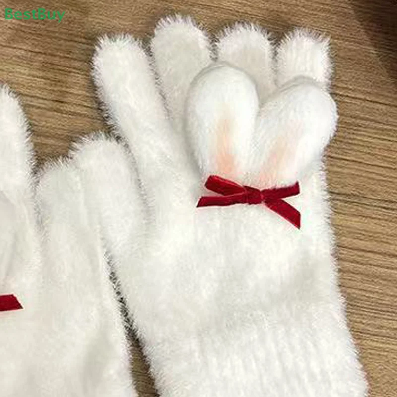 1 pair  Cute Plush Cold Proof Rabbit ear five-finger gloves