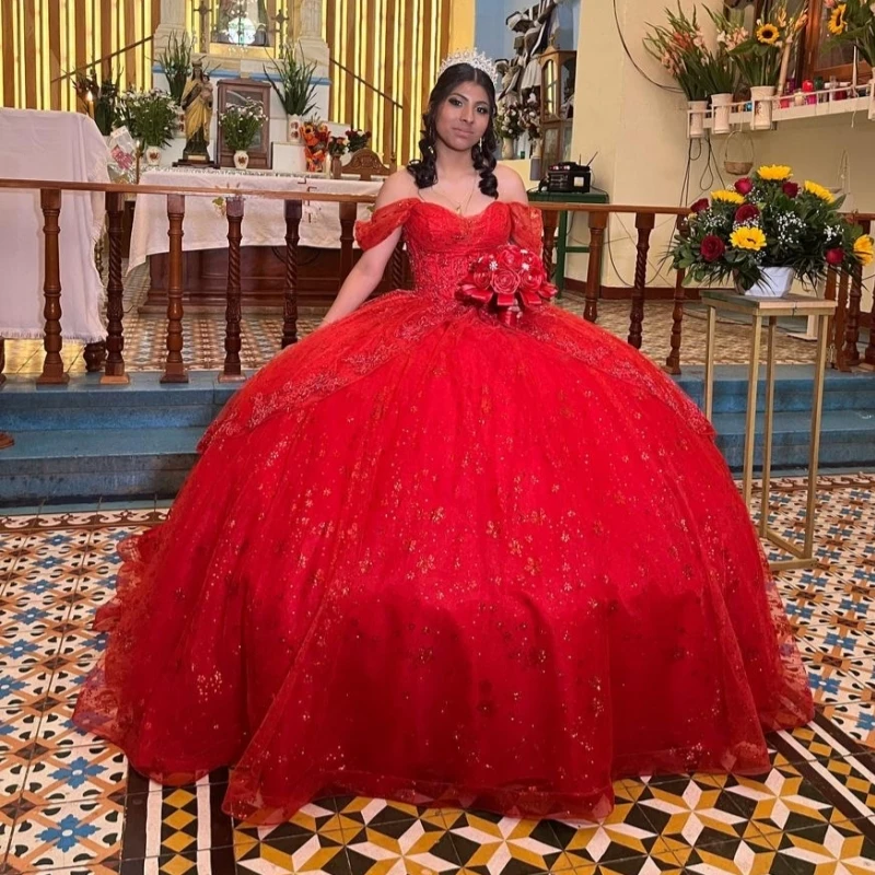 

Red Shiny Quinceanera Dresses Ball Gown Off The Shoulder Sequin Applique Lace Beading Crystal Tull Sweet 16 Dress Vestidos 15 De