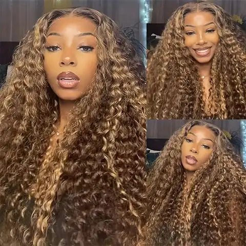 Honey Blonde Ombre Highlight Lace Front Wig Human Hair 13x4 Deep Wave HD Lace Curly WIG