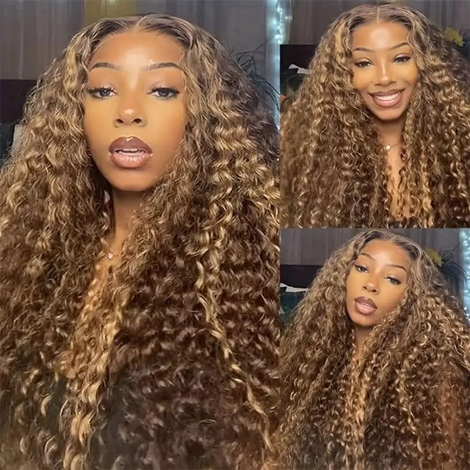Peluca con frontal de encaje de cabello humano color miel rubio con reflejos ombre, 13x4, onda profunda, encaje HD, rizada