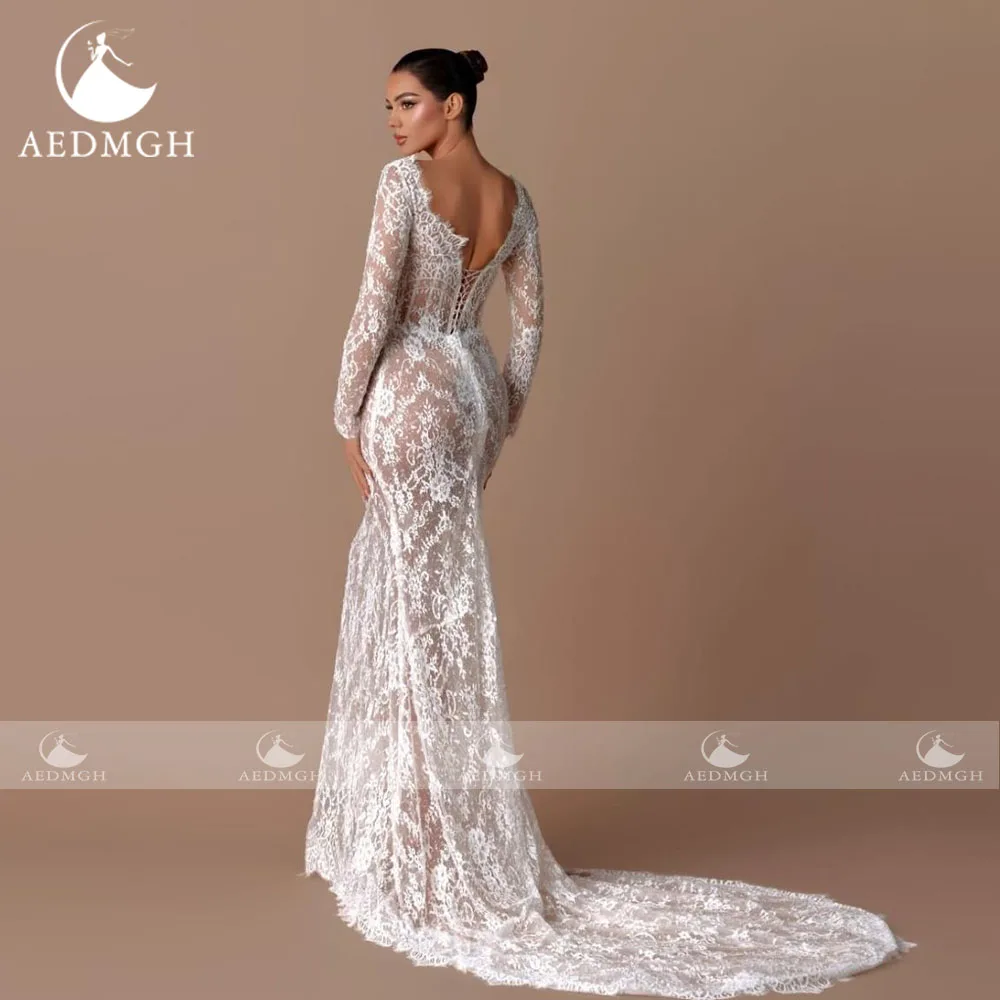 Aedmgh sirène Sexy robes De mariée festonné à manches longues robe De Novia dentelle broderie élégante sur mesure robe De mariée
