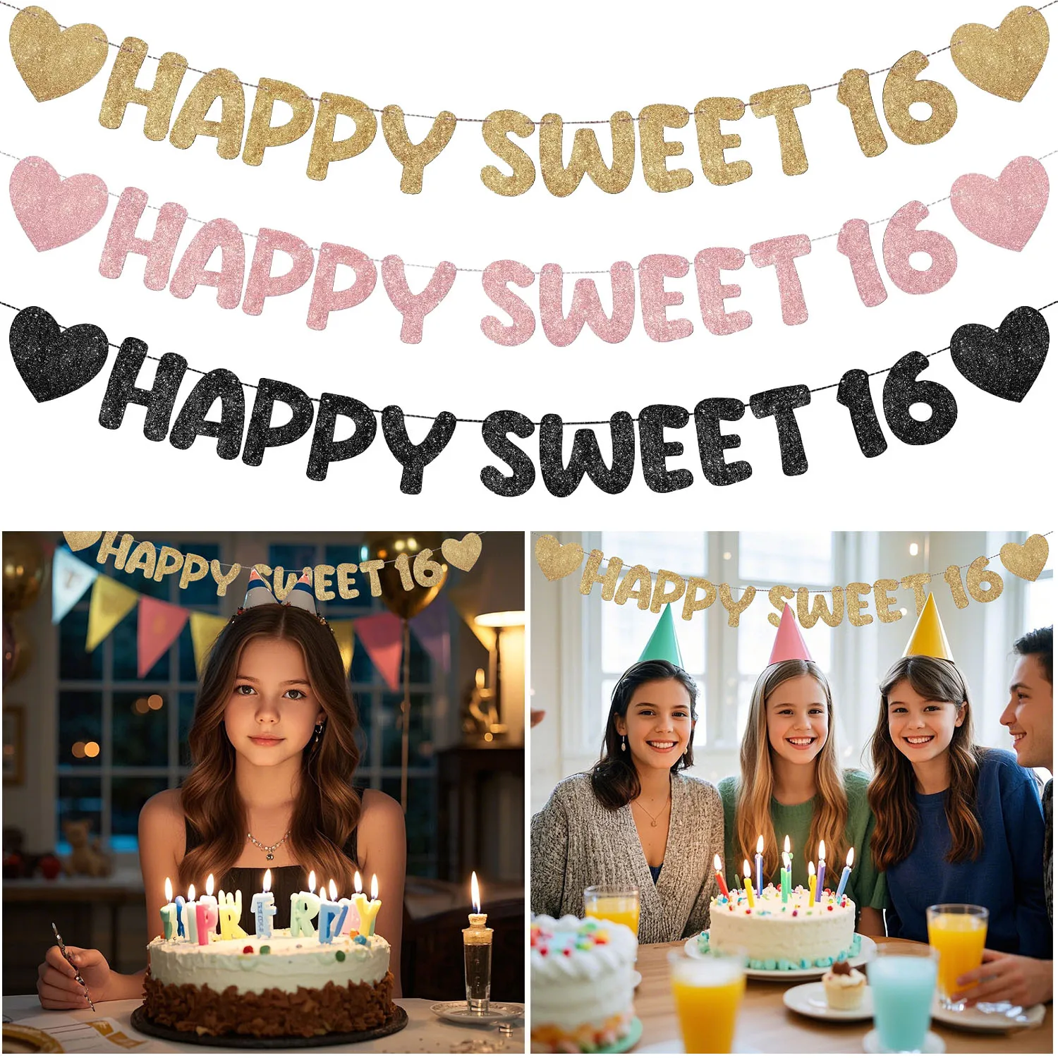 Strung Happy Sweet 16-Banner, glitzernde 16. Geburtstagsparty-Dekoration, Party-Schild, Party-Dekoration für Geburtstagsparty-Dekoration