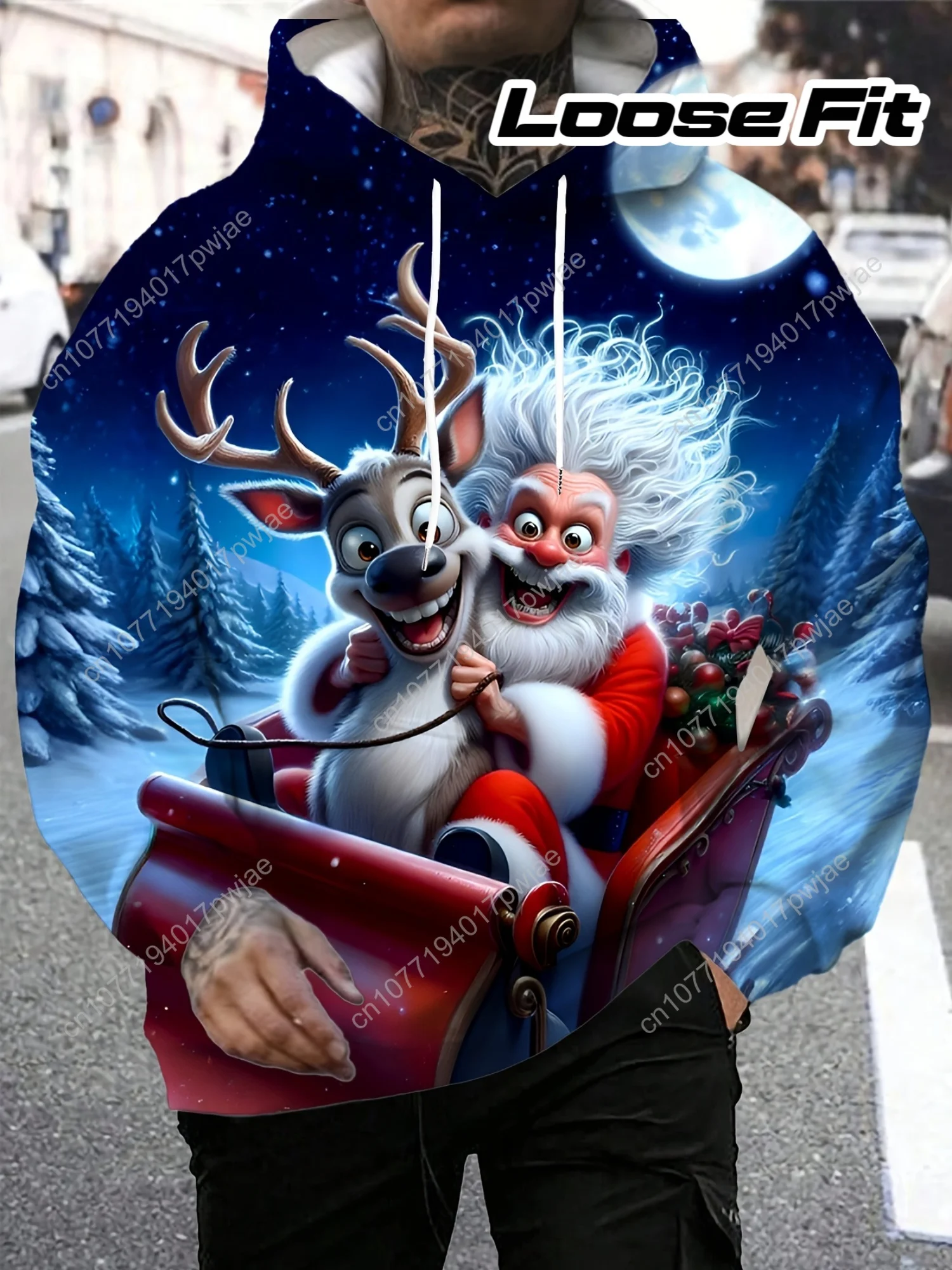 

Men'S Hoodie with 3D Santa Claus & Reindeer Christmas Print - Loose Fit Pullover Sweatshirt with Drawstring Hood & Side Pockets,