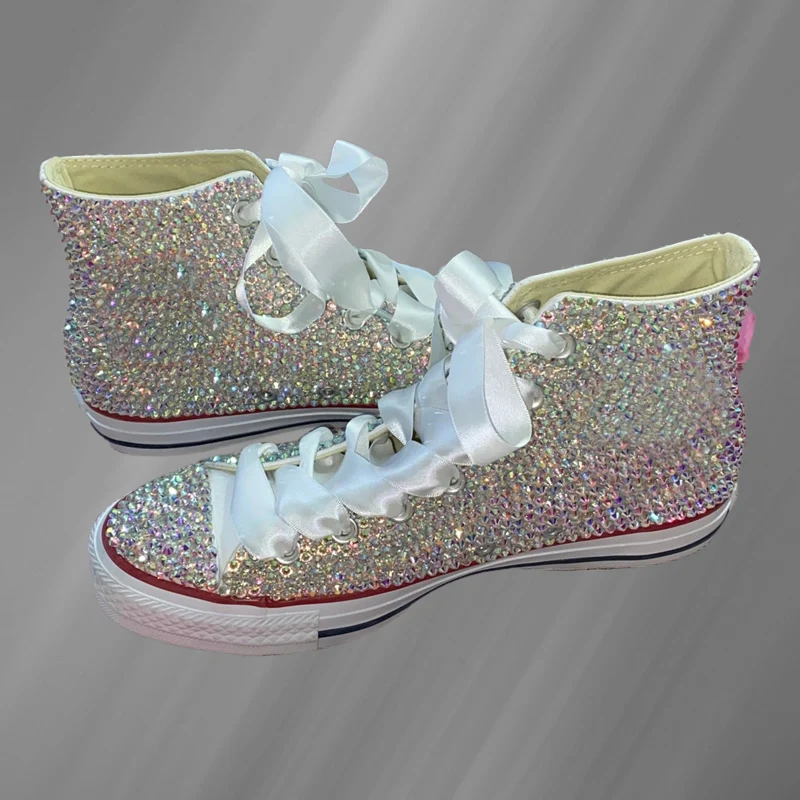 White diamond full banquet party wedding canvas shoes handmade custom large size high top lace-up sports women\'s shoes 35-44