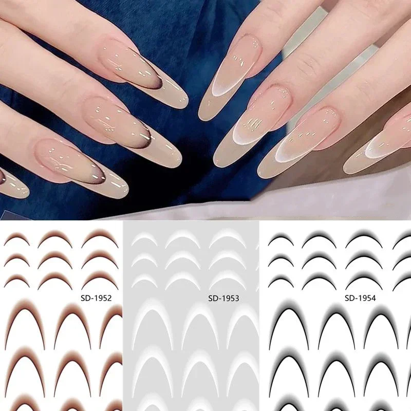 3pcs French Gradient Line Nail Art Stickers Black White Self-Adhesive Slider Design Manicure Tools DIY Moon Shape Nail Decals