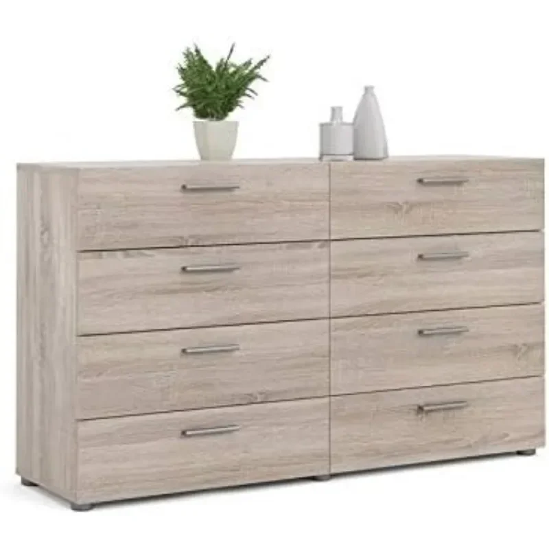 # Para cómoda doble contemporánea de madera de ingeniería de 8 cajones con manijas de barra plateadas de plástico y deslizadores de metal en madera negra Fini