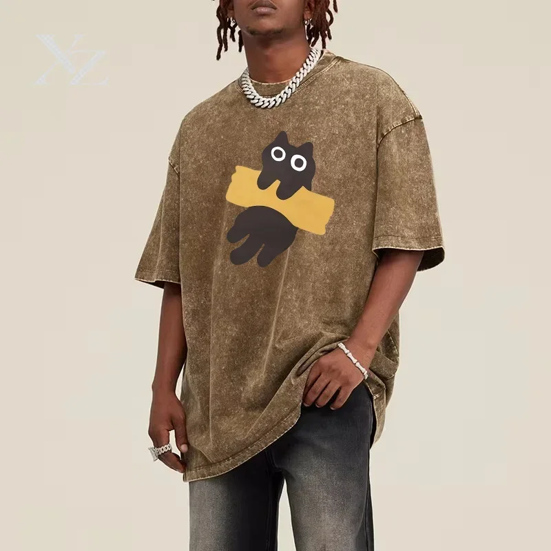 Men's Japanese Style Cotton T-Shirt Cat Print Adhesive Tape Short Sleeve Washed Oversized O-Neck Tee