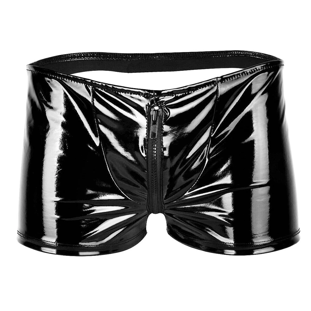 Open Butt Club Panites Man Faxu Leather Hollow Out Trunks Sexy Zip Pouch Underpants Eortic Lingerie Gay Men PVC Shorts
