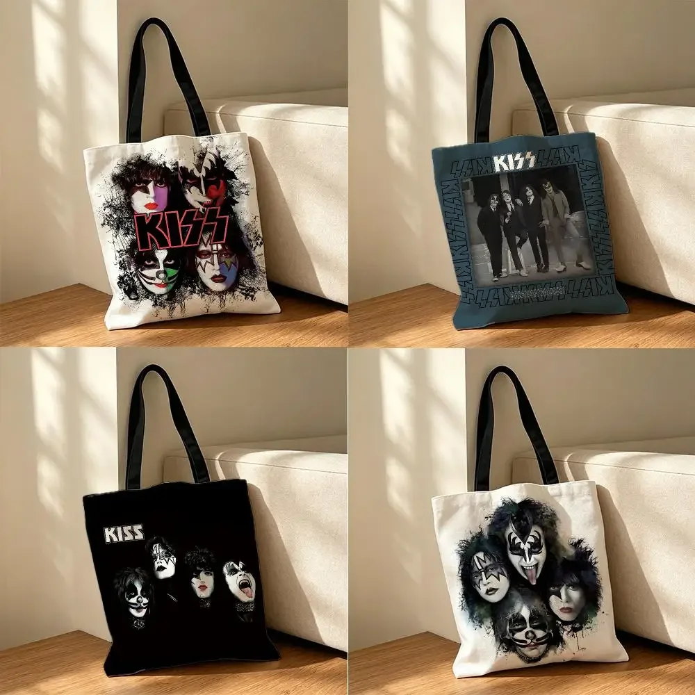 band Kiss Storage Bags Canvas Tote Bag Storage Bag Reusable Shoulder  Bag for School Work Travel Everyday Use and Gift