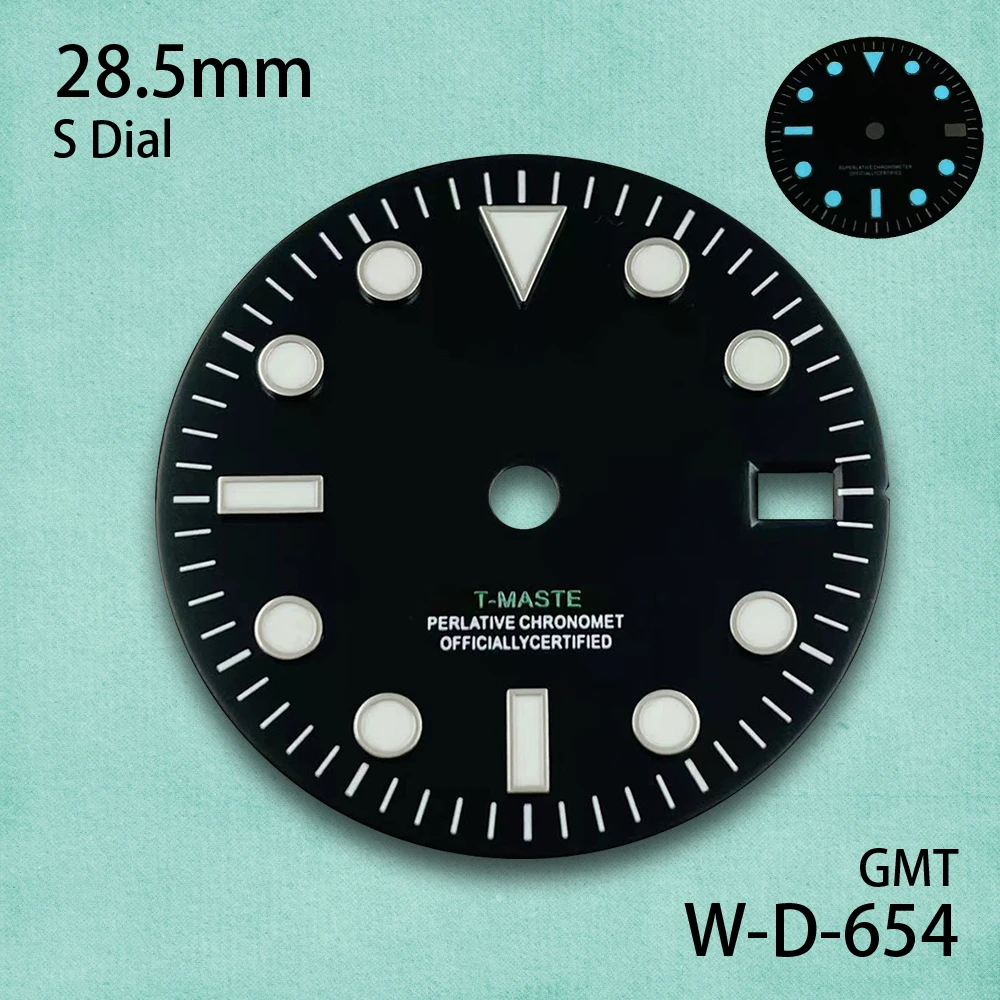 28.5mm GMT Black Print S Dial Fit NH34 Japanese Movement Ice Blue Luminous Watch Modification Accessories