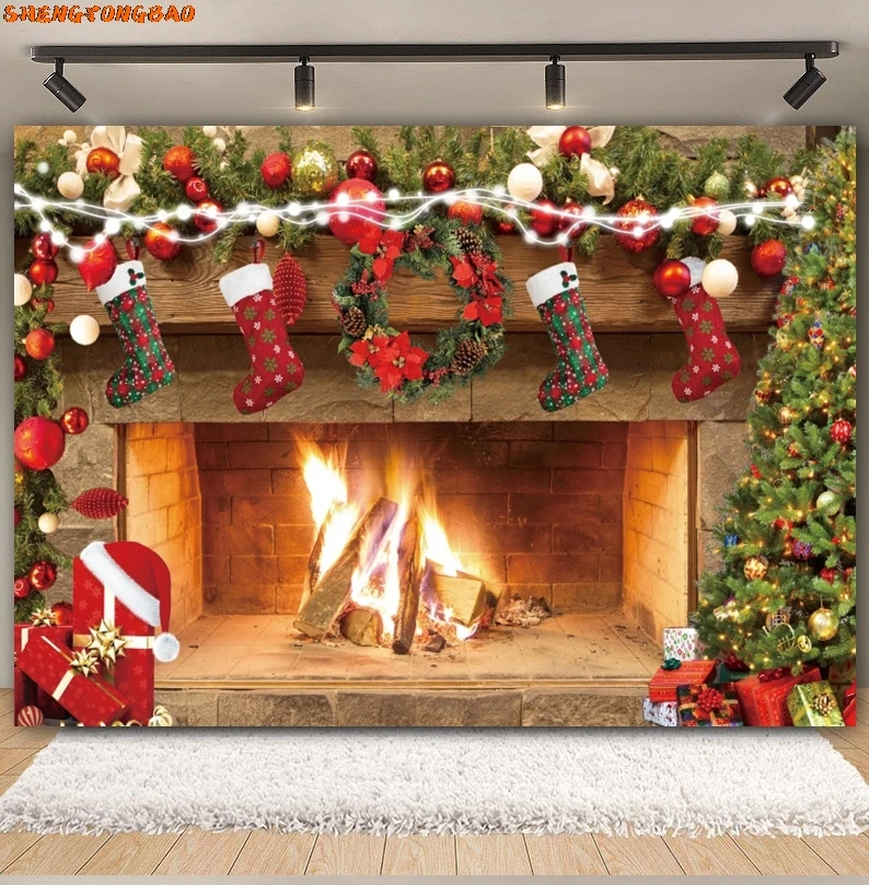 Décors de photographie de cheminée de Noël, arbre de Noël, père Noël, cadeau de fenêtre, décor de fond de portrait de famille de bébé, studio photo