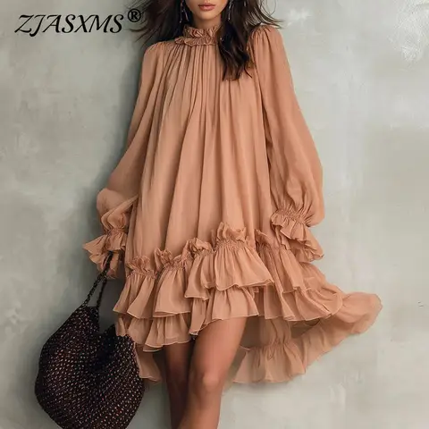 Kadın Katmanlı Fırfırlı Mini Elbiseler, Fırfırlı O Yaka, Fener Kollu, Bol Kesim, Dökümlü Salıncak Elbise, Boho Plaj Günlük Parti Kısa Elbiseler