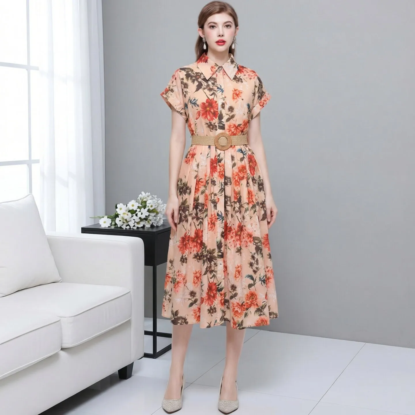 

Retro Floral Print Shirt Dress Knee-Length Casual Style A-Line Skirt Short Sleeve Mid-Length Vacation Photography Dress