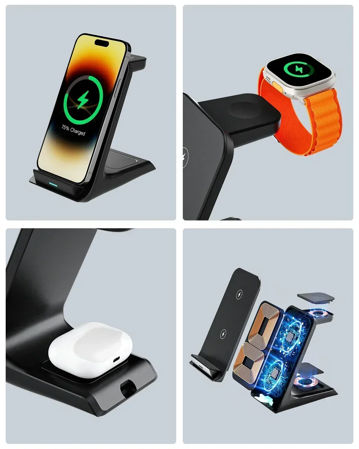KPON 3 in 1 Wireless Charger Stand Fast Charging Station Dock For iPhone 16/15/14/13 Pro Max Apple iWatch 9/8/7/6/5 Airpods 3/2 image 4