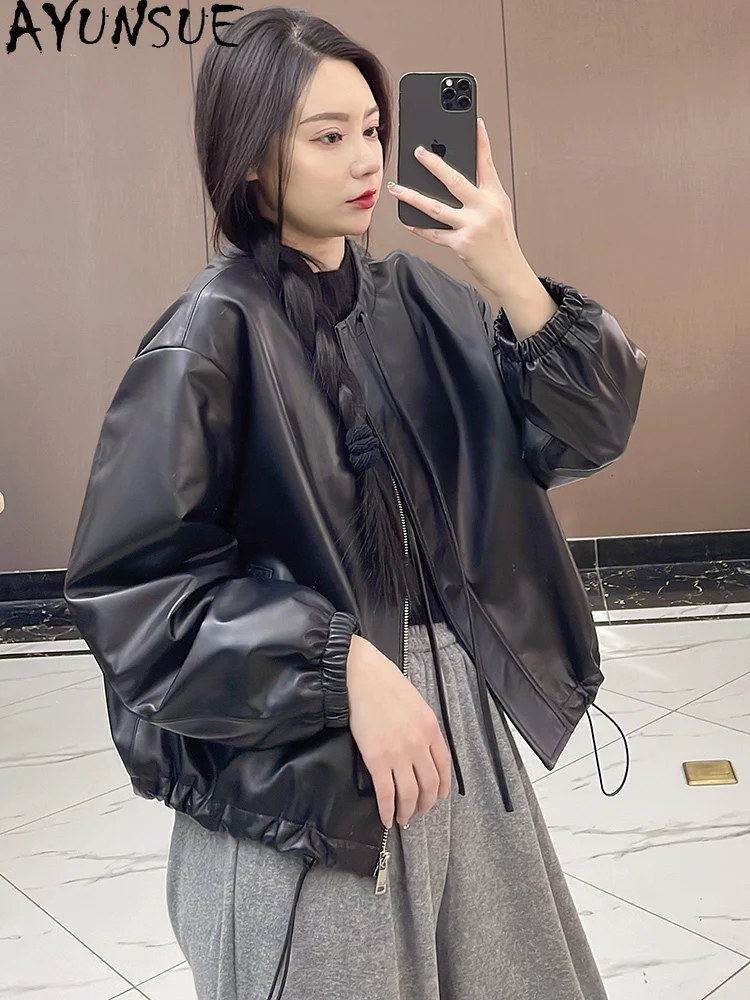 Ayunsue jaquetas de pele de carneiro genuína mulher 2025 outono jaquetas de couro mulher roupas moda solta couro genuíno topo abrigo mujer