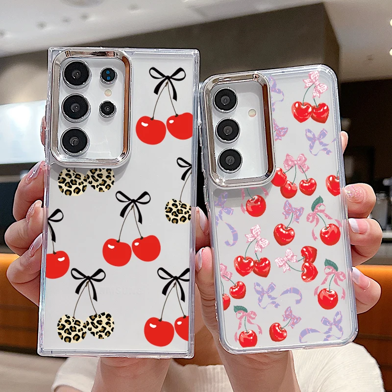 Red Cherry Clear Case For Samsung Galaxy S26 S25 S24 S23 Ultra S24 S25 FE A17 A57 A56 A16 A37 A36 A55 5G Soft TPU Back Cover
