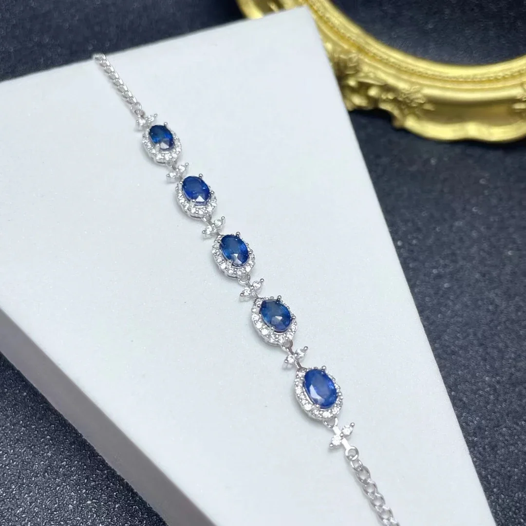 Natural Sapphire Bracelet for Women 4*6mm 2.5ct Natural Sapphire 925 Silver Bracelet with Thick Gold Plating