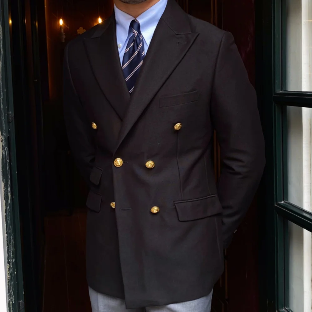 

Formal Men Suit Jacket Slim Fit Navy Blue_Brown Long Sleeve Peak Lapel Double Breasted Blazer Business Coat Work Office Jacket